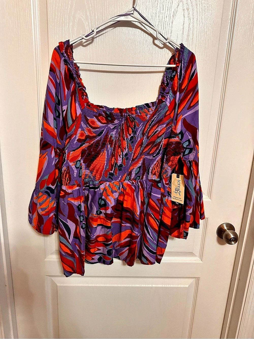 Terra & Sky Plus Size Bell Sleeve Smock Top Purple & Orange XL